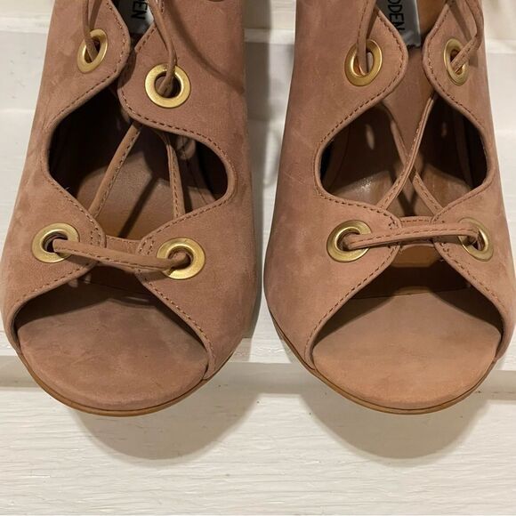 Steve Madden Carusso Tan Peep Toe Lace Up Heeled Bootie Size 8 - Picture 7 of 14